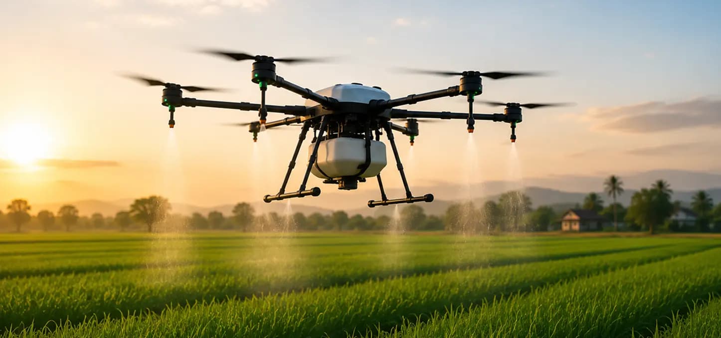 Agricultural drone surveying green farmland