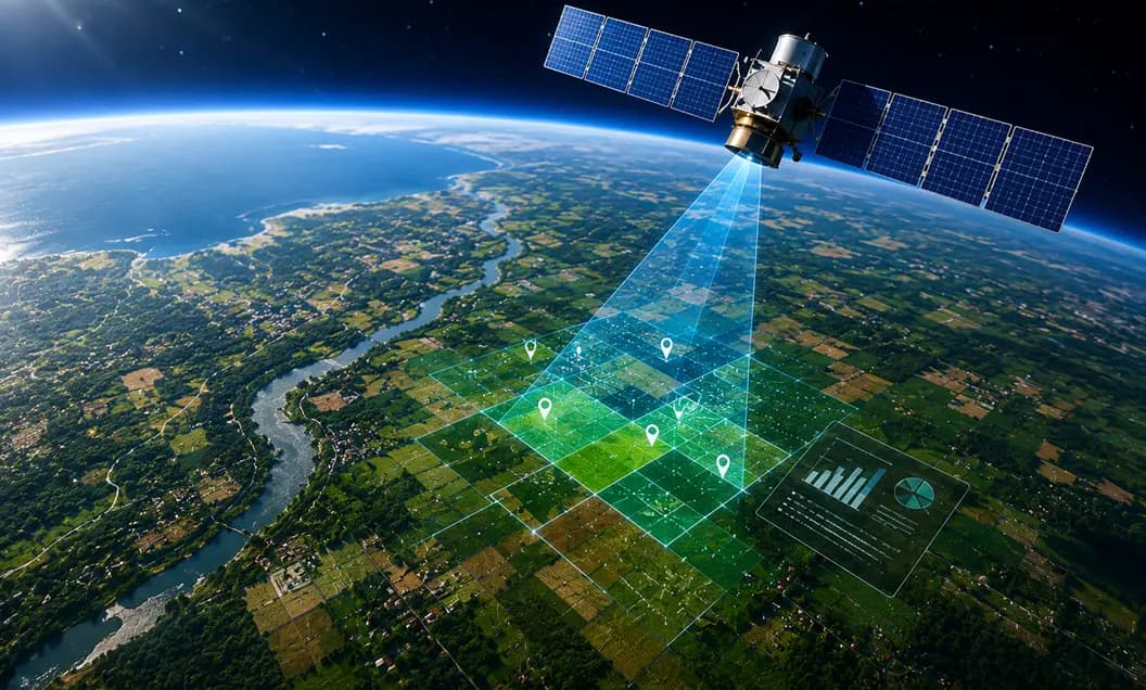 Satellite view of Earth with digital connectivity overlays
